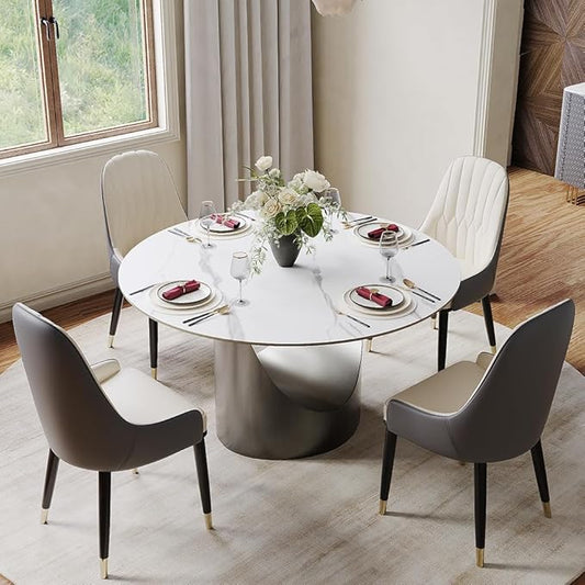 POVISON Round Dining Table, 47" Matte White Sintered Stone Top Dining Table with Gray Carbon Steel Pedestal, Modern Dining Room Table for Kitchen, Living Room (Table Only)