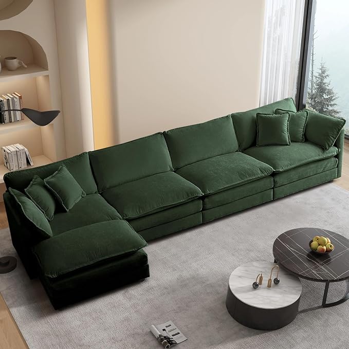 SoarFlash Chenille Sectional Sofa, Comfy L Shaped Modular Coush Sofa with Ottoman, Modern 4 Seat Couch Deep Seat Sofa Set for Living Room,Green