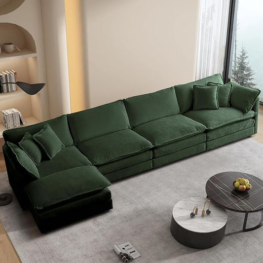 SoarFlash Chenille Sectional Sofa, Comfy L Shaped Modular Coush Sofa with Ottoman, Modern 4 Seat Couch Deep Seat Sofa Set for Living Room,Green