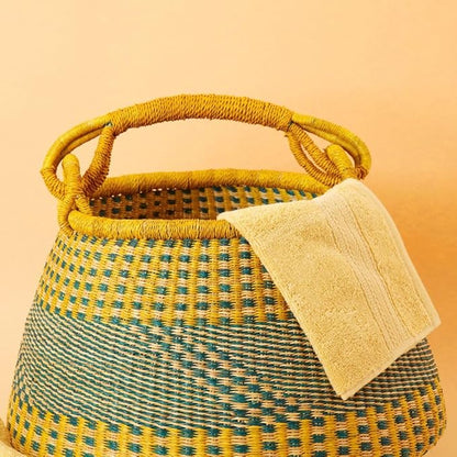 Home & Kitchen Decor, Wicker Basket, Picnic Basket, Living Room Basket, Organizing, Harvesting, Foraging, Fruit Storage, Hand Woven, Pot Shape, 16" Wide, Boho - Yellow Teal