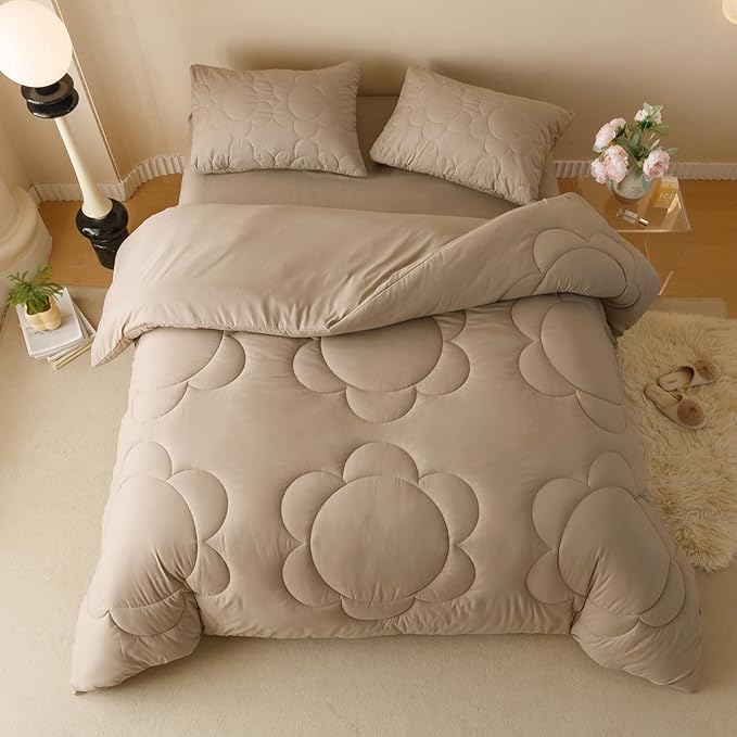 CLOTHKNOW Khaki Daisy Puff Comforter Set Twin/Twin XL Champagne Bedding Comforter Sets Floral Comforter Boho Bedding Sets Taupe Bed Comforter Sets Soft