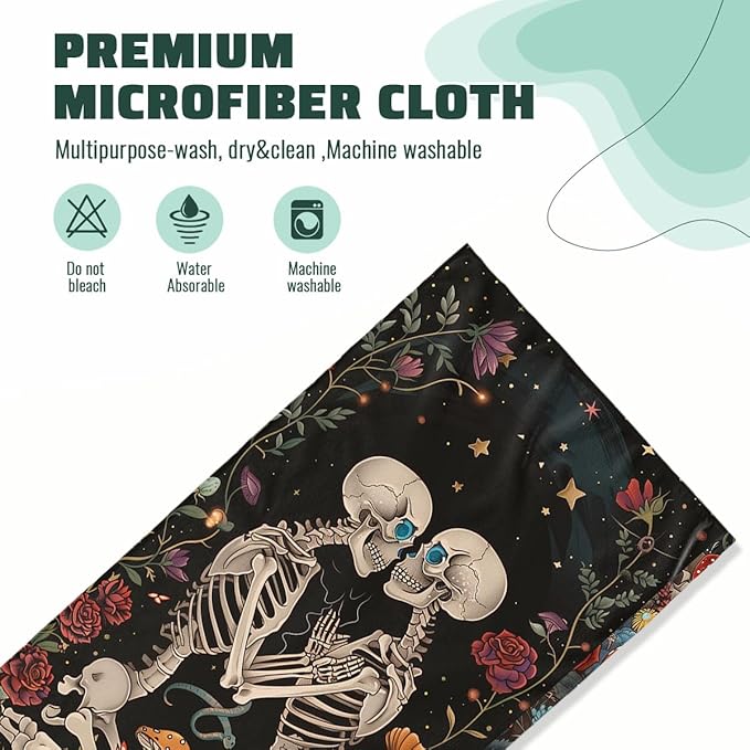 Mushroom Skull Kitchen Dish Towels Set Decorative Absorbent Tea Towels Funny Hand Towels 16x24 Skeleton Floral Gift