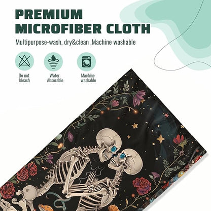 Mushroom Skull Kitchen Dish Towels Set Decorative Absorbent Tea Towels Funny Hand Towels 16x24 Skeleton Floral Gift