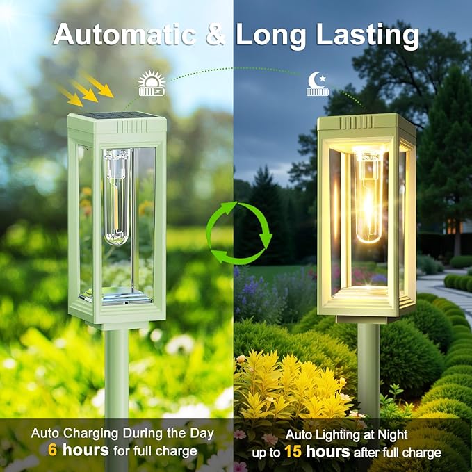 Solar Pathway Lights Outdoor Waterproof, 2 Pack Outdoor Solar Lights for Yard with Reflector Cup, Auto On/Off, 15+ Hours Runtime, Solar Lighting for Yard Path Lawn Walkway, Warm White-Green Shell