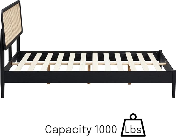 NTC Lupin Wooden Bed Frame with Headboard and Natural Rattan, Solid Oak Foundation with Silent Slats, 1000 Lb Capacity, Effortless Assembly, Queen - Burnt Black