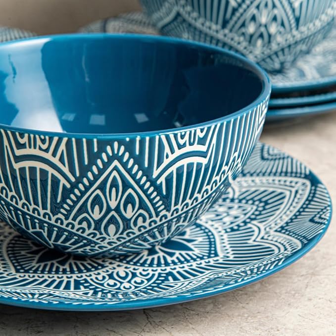 Bzyoo 12-Piece Ceramic Dinnerware Set: La La Mandala Blue Dish Set Design for Every Occasion - Microwave & Dishwasher Safe Stackable Plates Bowls