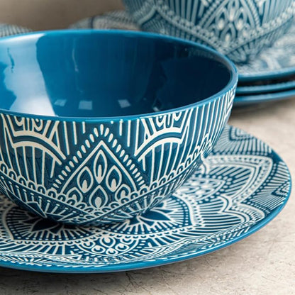 Bzyoo 12-Piece Ceramic Dinnerware Set: La La Mandala Blue Dish Set Design for Every Occasion - Microwave & Dishwasher Safe Stackable Plates Bowls