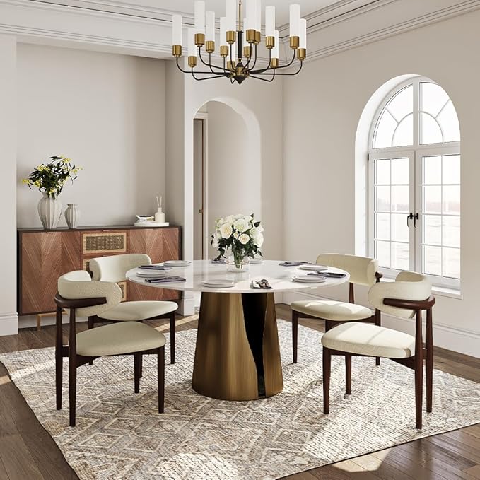 POVISON Round Dining Table for 6, Modern Marble Dining Room Table 59" Glossy White Sintered Stone Kitchen Table with Bronze Carbon Steel Pedestal (Table Only)