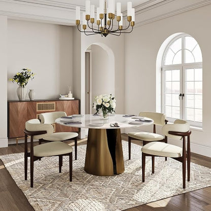 POVISON Round Dining Table for 6, Modern Marble Dining Room Table 59" Glossy White Sintered Stone Kitchen Table with Bronze Carbon Steel Pedestal (Table Only)