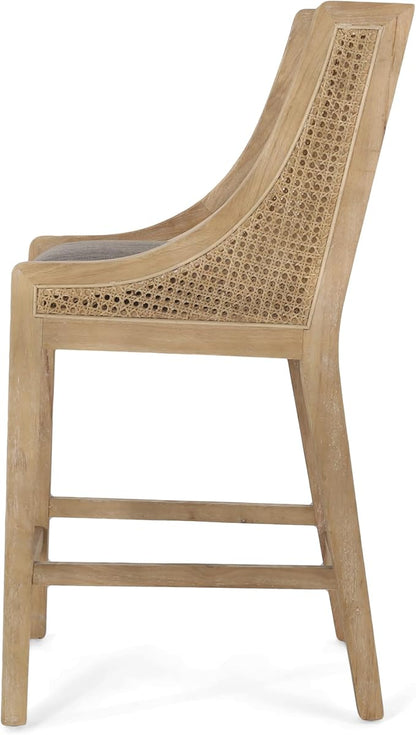 Merax 25.5" Fabric Upholstered Wood and Cane Counter Stools with Backrest,Set of 2,French Country Barstools Chair Dining Chair