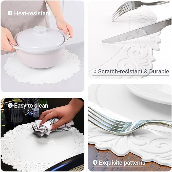 Noctiflorous Round Faux Leather 15 Inch Placemats Set of 4 Waterproof Wipeable Heat Resistant Tablemat for Dining Table Kitchen Non Slip Washable Oilproof Table Place Mat(White, 4)