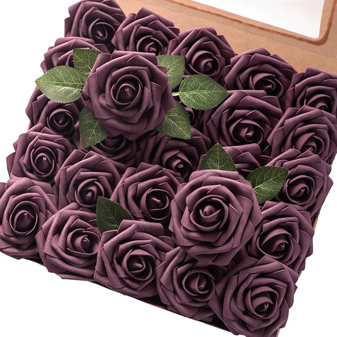Floroom Artificial Flowers 25pcs Real Looking Plum Foam Fake Roses with Stems for DIY Wedding Bouquets Bridal Shower Centerpieces Floral Arrangements Party Home Decorations