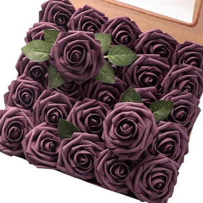 Floroom Artificial Flowers 25pcs Real Looking Plum Foam Fake Roses with Stems for DIY Wedding Bouquets Bridal Shower Centerpieces Floral Arrangements Party Home Decorations