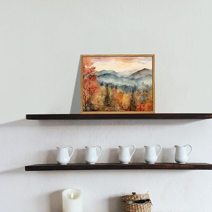 KBKBART Framed Vintage Wall Art for Living Room Bedroom Decor, Retro Autumn Watercolor Country Landscape Canvas Painting Farmhouse Wall Art, Rustic Fall Bathroom Wall Decor Vintage Room Decor(8"x10")