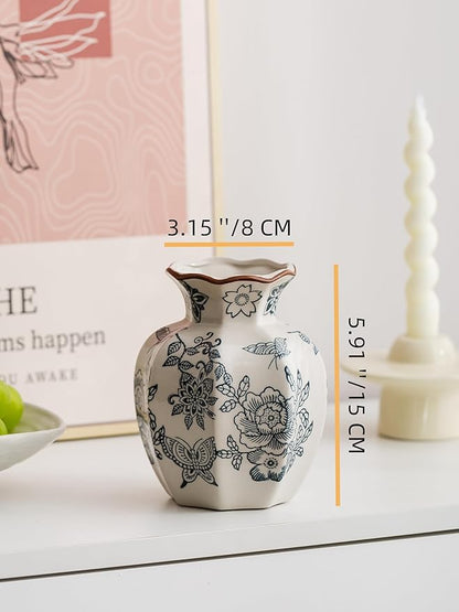 Blue and White Vase, Vintage Blue Ceramic Flower Vessel,Ceramic vases for Home Decor,Vintage Green and Beige for Console Table Mantle Chinoiserie Decor (Retro-02, Small)