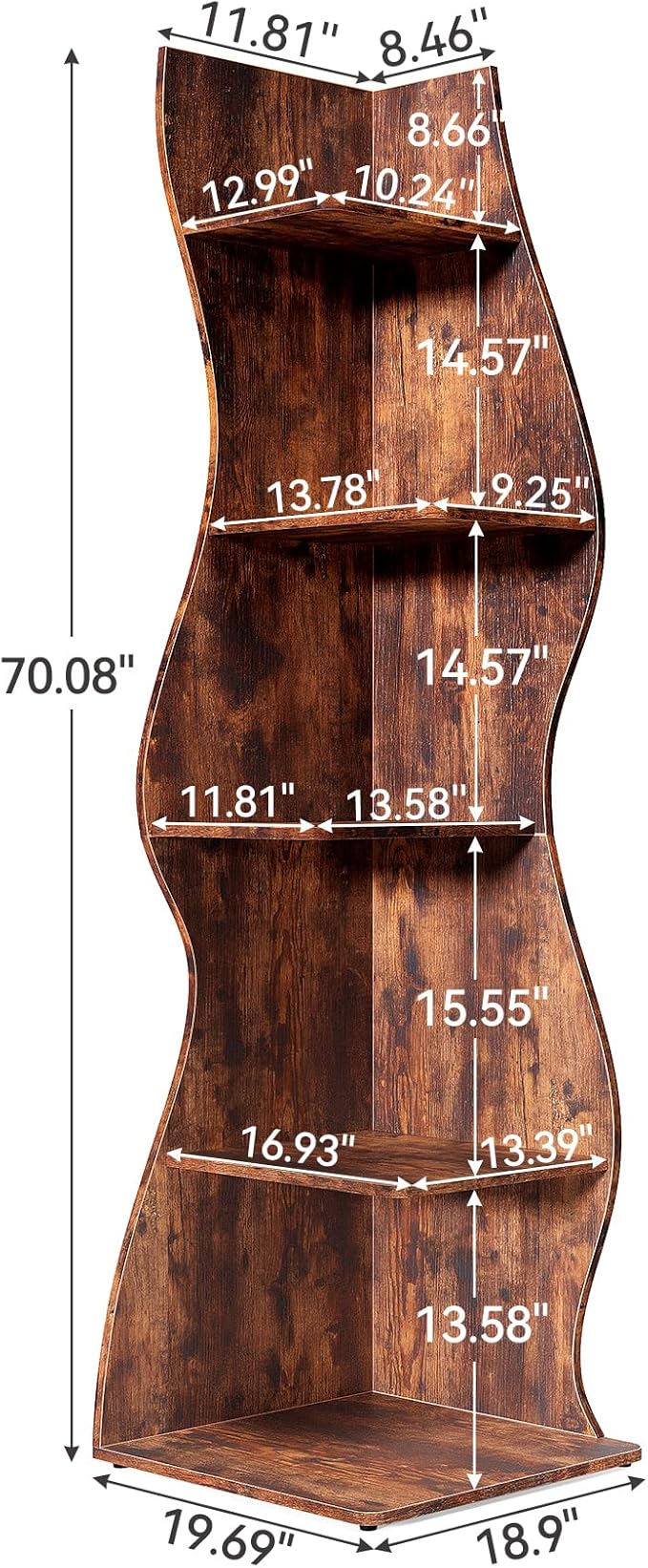 LITTLE TREE 70-Inch Corner Shelf, Seaweed Shaped Etagere Display Bookshelf, Freestanding 5-Tier Wall Shelves for Small Spaces, Living Room, Bedroom, Rustic, 1 Pack