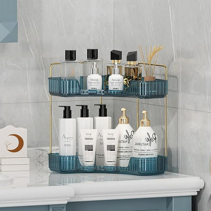 Corner Bathroom Counter Organizer Bathroom Countertop Shelf Makeup Organizer for Vanity Perfume Corner Storage (2 Tiers, Blue)