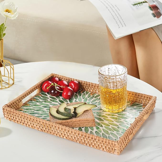 Rectangle Rattan Tray with Mother of Pearl Inlay, Rattan Serving Tray with Handle for Coffee, Bread, Fruits, Snacks, Decorative Wicker Tray for Table Decor (Rectangle Green Leaf, 13"×9")