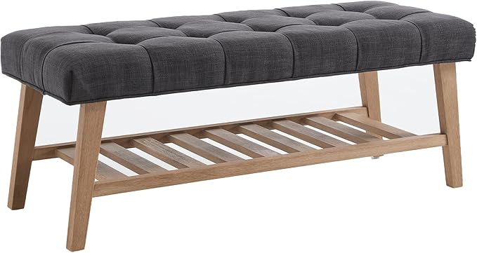Farmhouse Storage Entryway Bench with Shoe Shelf, Linen Fabric Upholstered 2 Tier Button Tufted Bench with Wooden Frame for End of Bed/Hallway/Reception/Living Room, Charcoal
