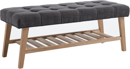 Farmhouse Storage Entryway Bench with Shoe Shelf, Linen Fabric Upholstered 2 Tier Button Tufted Bench with Wooden Frame for End of Bed/Hallway/Reception/Living Room, Charcoal