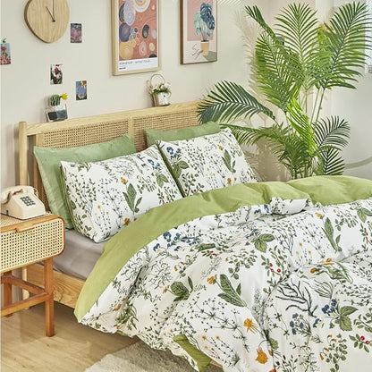 CLOTHKNOW Green Floral Full Size Comforter Sets 3Pcs Boho Bedding Comforter Sets Botanical Comforter with 2 x Pillow Cases