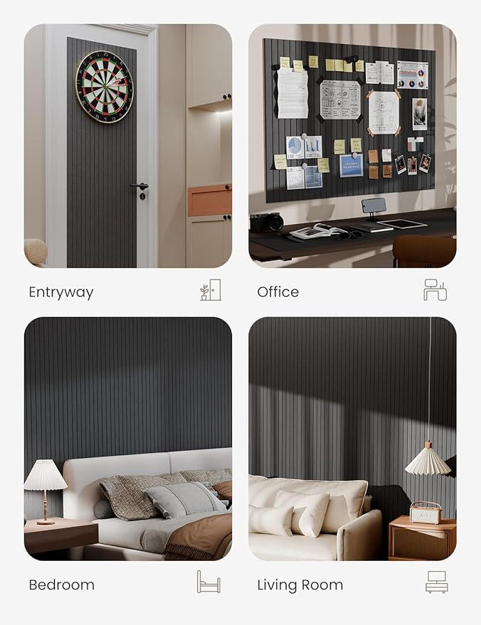 Bumusty Large Cork Board Alternative-47 x35 Felt Bulletin Board Tiles, with 30 Pushpins, 70 Adhesive Tabs, 12-Pack Slat Wall Paneling, Cork Boards for Office Push Pin Board Felt Board-Charcoal Gray