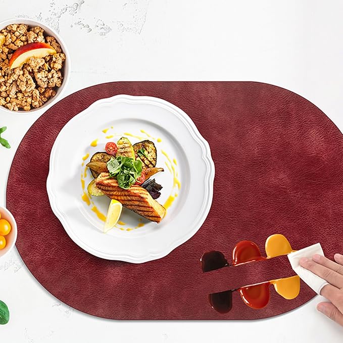 ADRIMER Placemats, Heat Resistant Oval Placemats Set of 8 Washable 12 x 17 Inch, Waterproof Table Mats, Wipeable Pu Place Mats for Kitchen, Dining Room, Wine Red