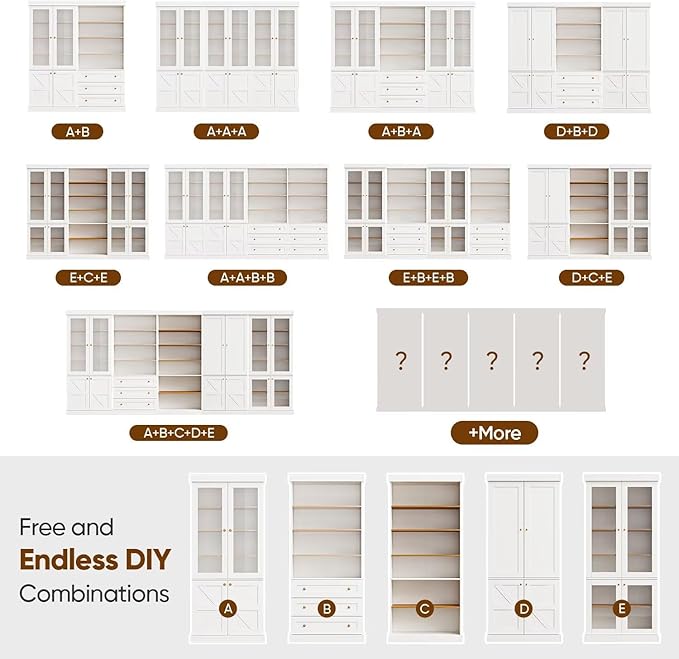 Vyre 70.8" Tall White Bookshelf, Farmhouse Modular Bookcase with 6-Tier Adjustable Shelves, Large Storage Cabinet for Home Office, Living Room, Set of 3