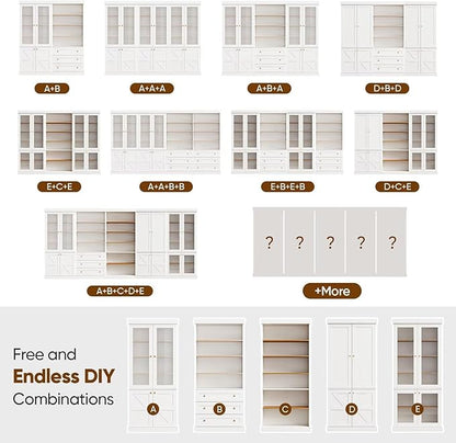 Vyre 70.8" Tall Farmhouse Bookshelf with Glass Doors, Modular Bookcase with 6-Tier Adjustable Shelves, Large Storage Cabinet for Kitchen, Living Room, White, Set of 3