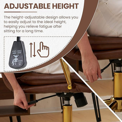 MOJAY Mid-Back Ergonomic Leather Desk Chair, Modern Upholstered Computer Chair, Executive Office Chair with Arms, Swivel Adjustable Rolling Chair with Gold Base (Brown)