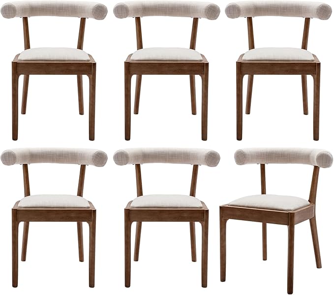 Wood Dining Chairs Set of 6, Mid Century Modern Living Room Chairs with Unique Curved Open Back Comfy Linen Upholstered Side Chair for Kitchen/Restaurant/Reception, Beige