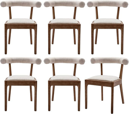 Wood Dining Chairs Set of 6, Mid Century Modern Living Room Chairs with Unique Curved Open Back Comfy Linen Upholstered Side Chair for Kitchen/Restaurant/Reception, Beige
