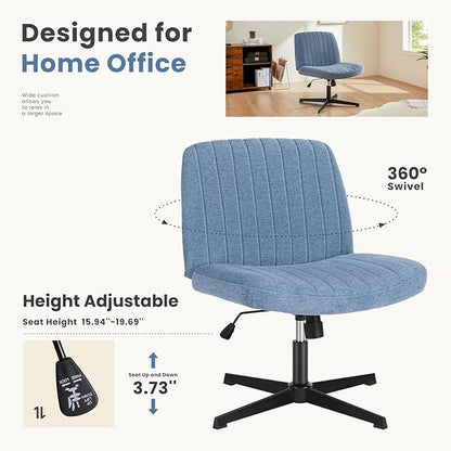 DUMOS Desk Chair No Wheels, Criss Cross Chair Wide Cross Legged Desk Vanity Comfy Chair, Armless Adjustable Swivel Chairs for Home Computer Task Blue