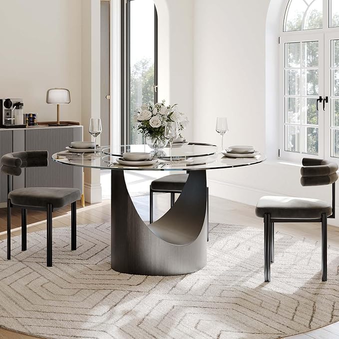 POVISON 51" Modern Round Dining with Lazy Susan Table for 4, Glass Tabletop Dining Table with Grey Carbon Steel Pedestal, Modern Dining Room Table for Kitchen, Living Room (Table Only)