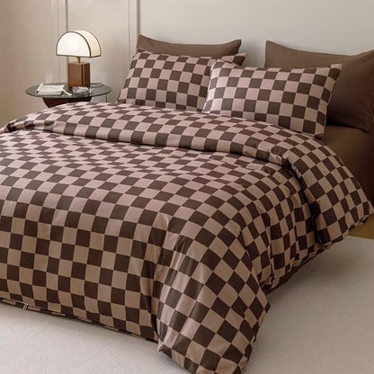 CLOTHKNOW Dark Brown Plaid Comforter Set Queen Grid Bedding Comforter Sets Soft Checkerboard Comforter Geometric Comforter with 2 x Pillow Cases