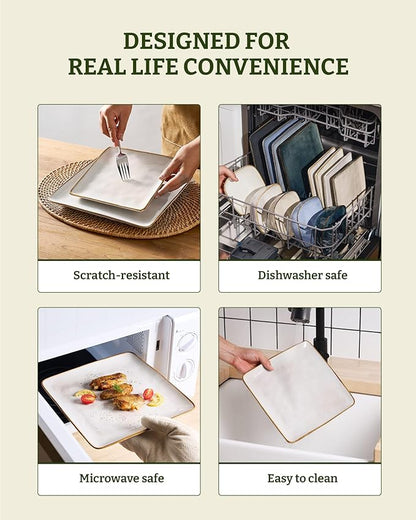 Famiware Dinnerware Sets for 4, Ocean Square 12-Piece Kitchen Plates and Bowls Sets, Reactive Glaze, Microwave and Dishwasher Safe, Scratch Resistant, Cappuccino White