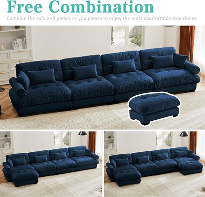SoarFlash Sectional Couches for Living Room, L Shaped Sofa Couch with Velvet Fabric, 4 Seat Modern Sofa with Ottoman, Removable Pillows for Apartment, Blue