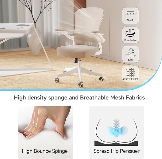 Ergonomic Office Chair with Adjustable Lumbar Support & Flip-Up Armrests - High Back Desk Chair with Thickened Seat Cushion, Rolling Wheels for Home/Office Study Work