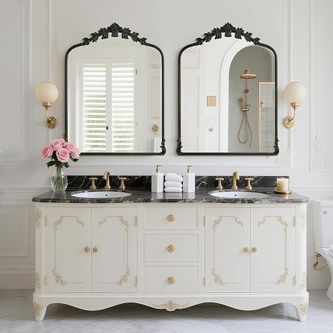 WallBeyond Black Antique Mirror for Vanity 28x36 Inch, Black Vintage Mirror with Ornate Frame, Arched Vintage Wall for Bathroom, Living Room, Fireplace