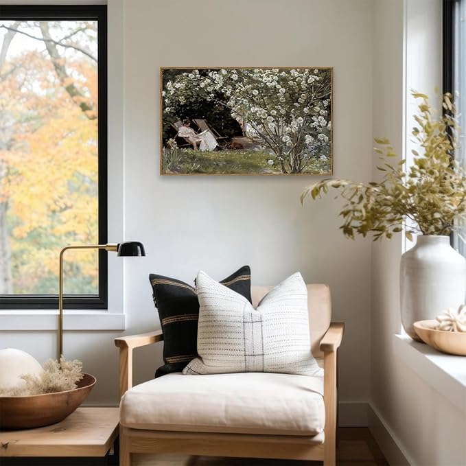 KBKBART Framed Vintage Canvas Wall Art, Retro French Country Garden Women Flower Classical Painting Bedroom Art Print, Rustic Vintage Wall Decor Ready To Hang for Bathroom, Living Room, Office,