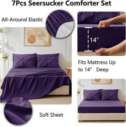 CozyLux Queen Comforter Set Purple, 7 Pieces Pintuck Bed in A Bag, Premium Purple Comforter Queen Size, Pinch Pleat Bedding Sets with Comforter, Sheets, Pillowcases & Shams