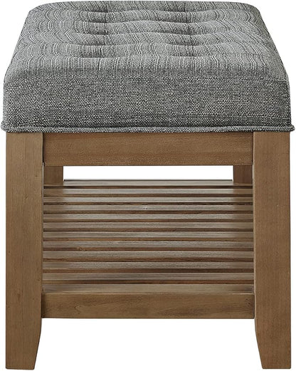 24KF Large Rectangular Upholstered Tufted Linen Fabric Ottoman Bench, Padded Bench with Solid Wood Shelf-Granite