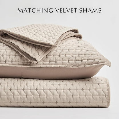 EVERGRACE Luxury Velvet Quilt Set Queen Size 3 Piece, Soft Cross-Stitch Velvet Comforter Set with Pillow Shams, Lightweight Coverlet Bedspread Bedding Set for All Seasons, Light Taupe