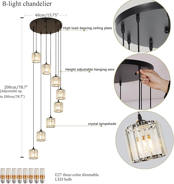 Long Chandeliers for High Ceilings,Modern Crystal Pendant Light,Raindrop Drop Lamp,Hanging Lighting Fixtures for Spiral Staircase,Foyer,Entryway,Living Room,Black (8 Lights)