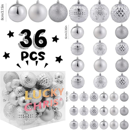 Christmas Ball Ornaments Silver Christmas Tree Decorations with Hang Rope-36pcs Shatterproof Christmas Ornaments Set with 6 Styles in 3 Sizes(Small Medium Large)