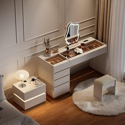 homary Vanity Desk Set with LED Looking Glass, Makeup Vanity with Power Outlet and Tempered Glass Top, Makeup Table with 6 Drawers, 3 Lighting Modes Vanity Table with Chair for Bedroom (White)