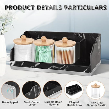 Marble Bathroom Countertop Organizer, Toothbrush Holders for Bathroom with 3PCS Qtip Holder Dispenser and Toothpaste Holder Drainage for Bathroom Accessories Organization Counter Vanity Storage