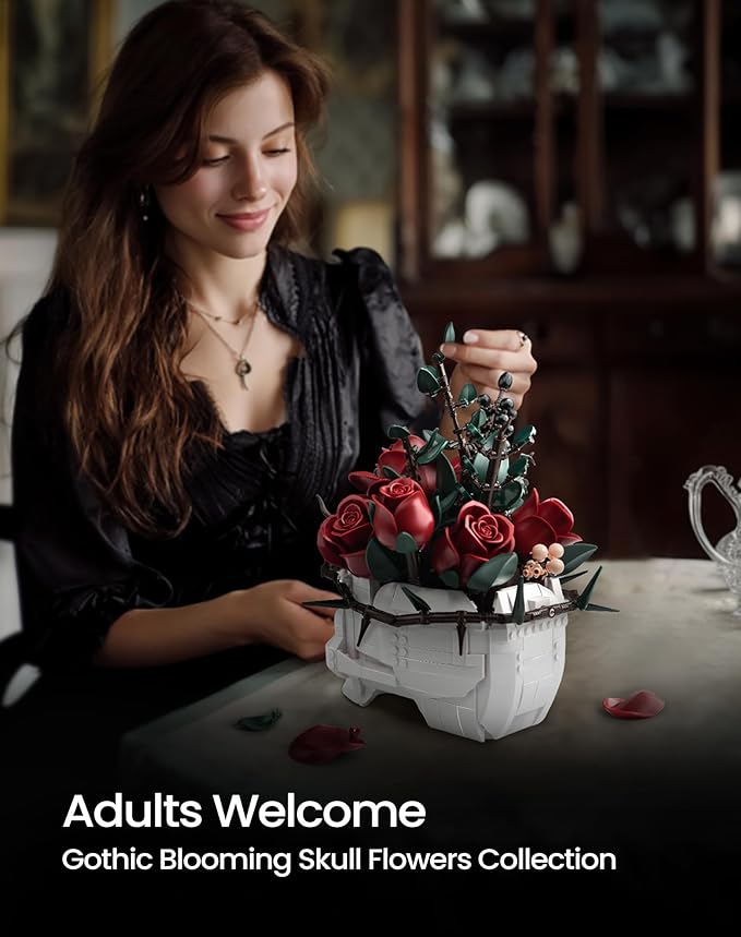 iATOM Halloween Skull Rose Bouquet Building Set, Compatible with Lego Flowers for Adult - Gothic Horror Skeleton Plant Pot Home Decor - Artificial Flower Botanical Collection Gifts, IA11008