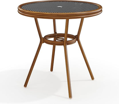 Martha Stewart Lily Pond 31” Round Indoor-Outdoor Bistro Dining Table with Aluminum Frame in Natural Woodgrain and Rattan Top in Black/White with Tempered Glass Top