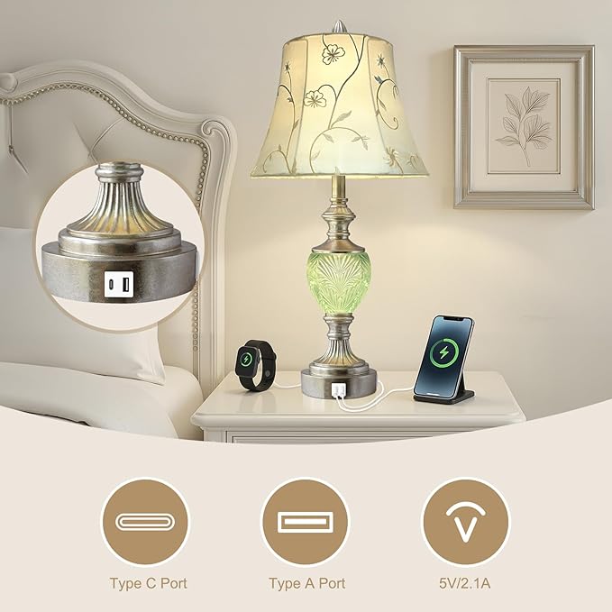 Table Lamp Set of 2 with Nightlight and USB A+C Ports, 27'' High Vintage Table Lamps with Silver Leaf Finish and Embroidered Shade, Nightstand Lamps Decor for Bedroom Living Room Home Office